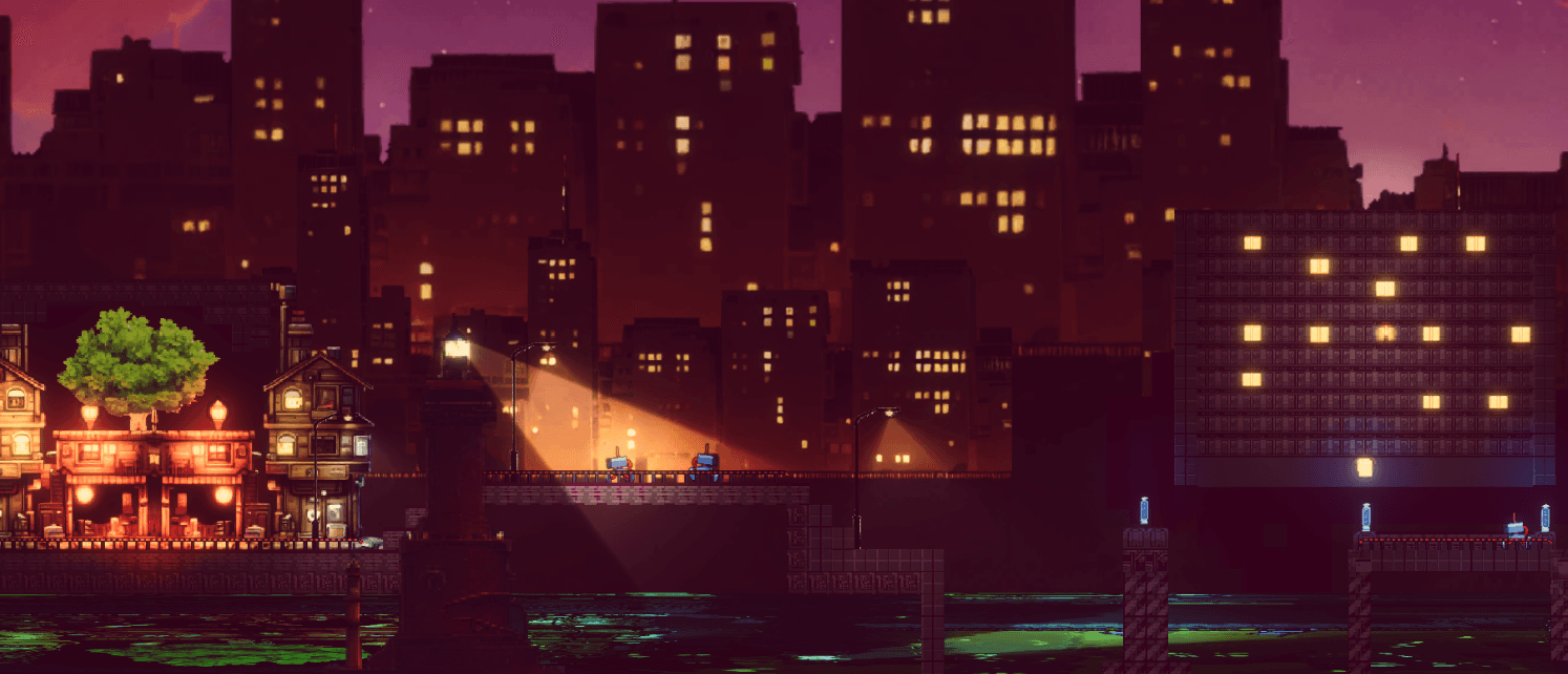 Clone Paradox nighttime pixel-art city