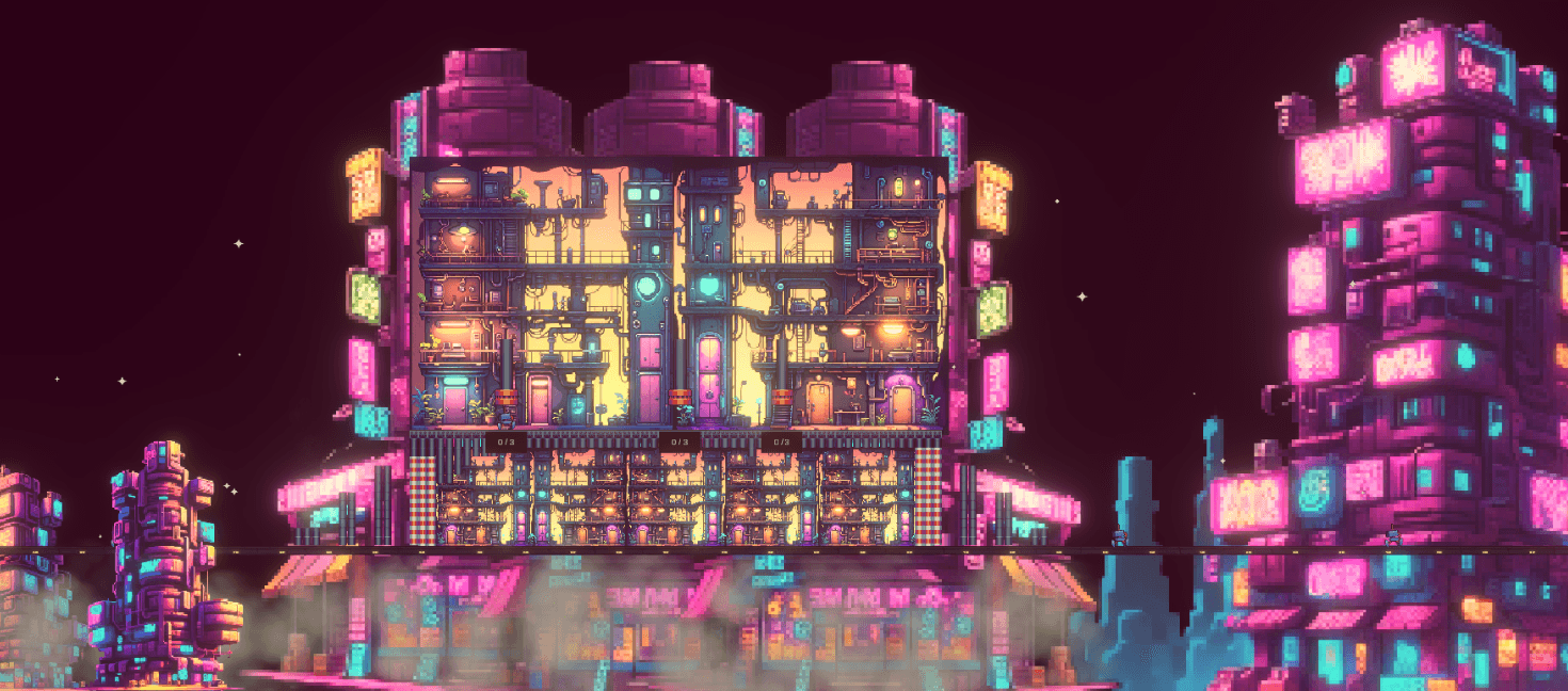 Clone Paradox neon pixel-art building