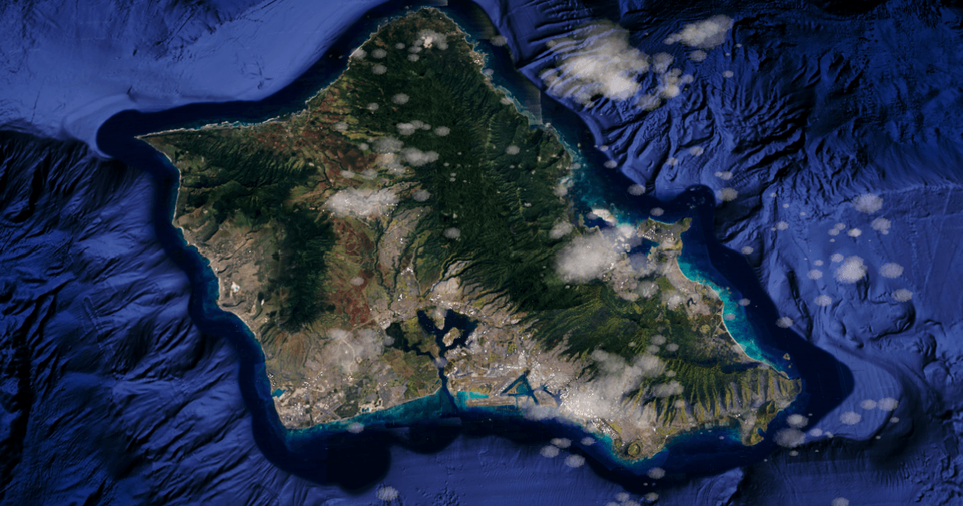 Wide realtime view of Oahu and its surrounding bathymetric terrain
