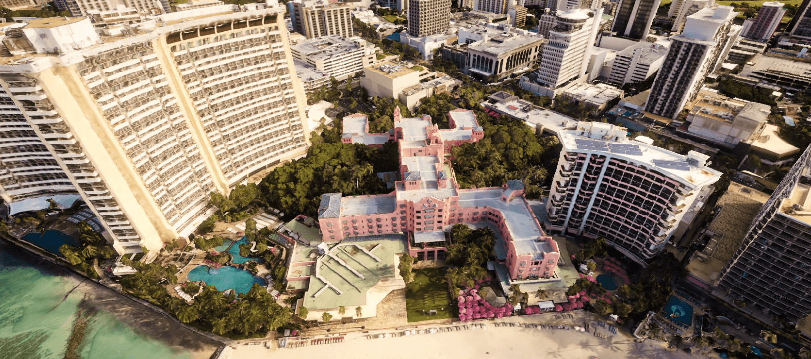Close aerial photogrammetric view of Waikiki buildings and coastline