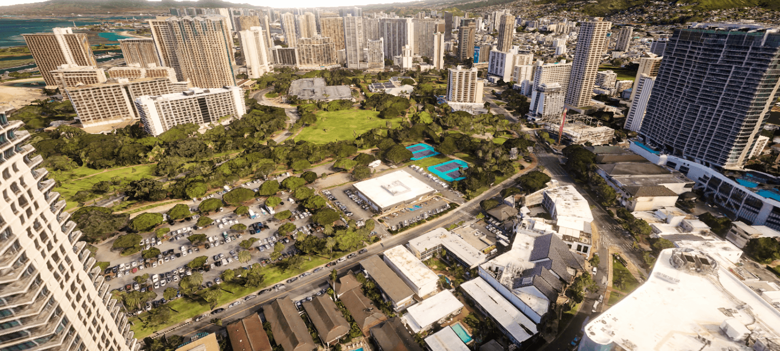 Aerial photogrammetric view across Honolulu showing buildings, roads and green space