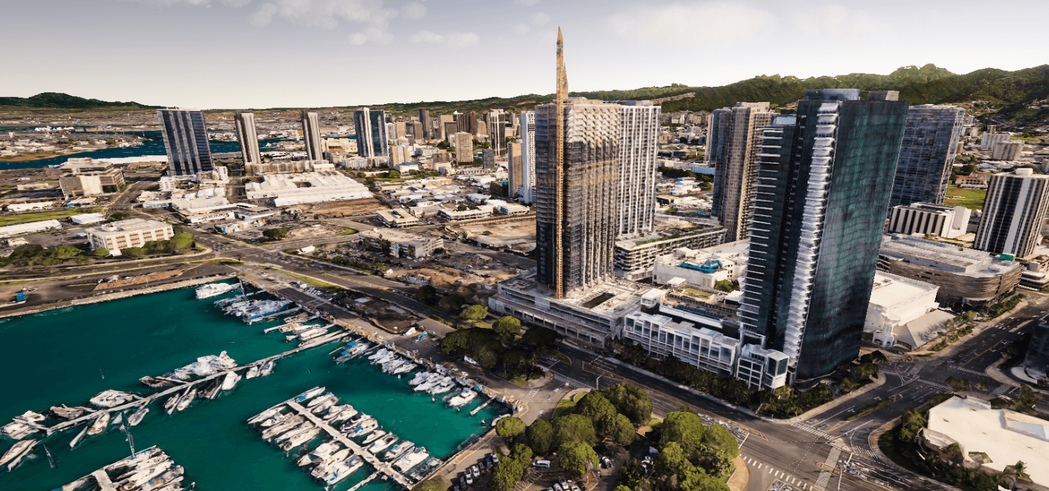 Realtime aerial view of the Honolulu waterfront, marina and surrounding city