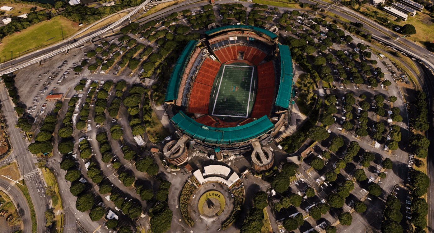 Top-down photogrammetric view of a stadium and its surrounding roads and vegetation