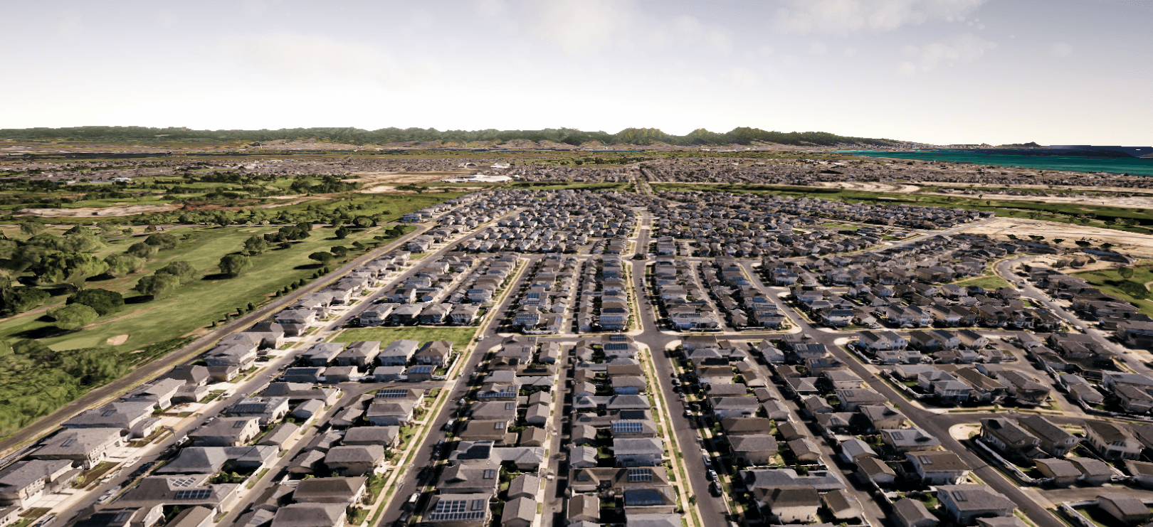 Wide realtime view over dense suburban terrain extending toward the horizon