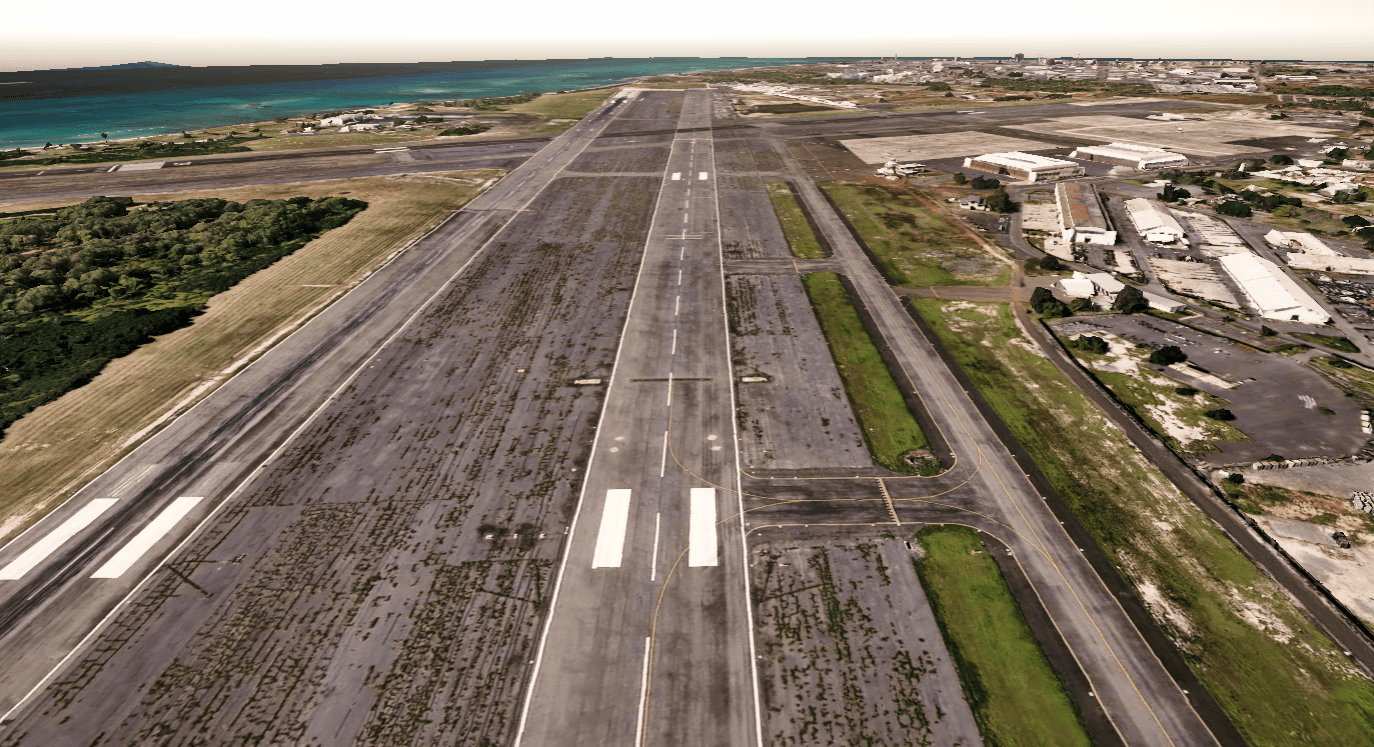 Realtime environment view aligned across an airfield runway and coastline