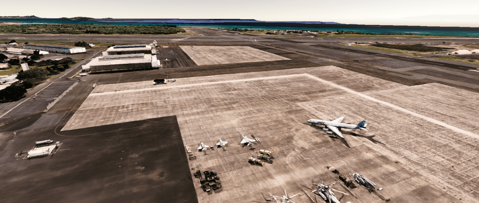 Elevated realtime view across a reconstructed coastal airfield