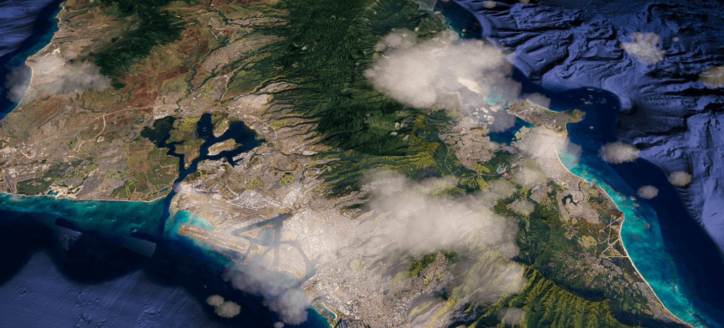 High-altitude realtime view of the Honolulu area with geographic terrain, city data and clouds