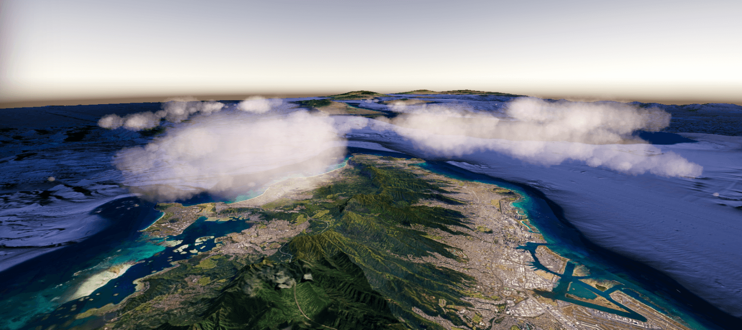 Oblique realtime island view with cloud layers above the terrain