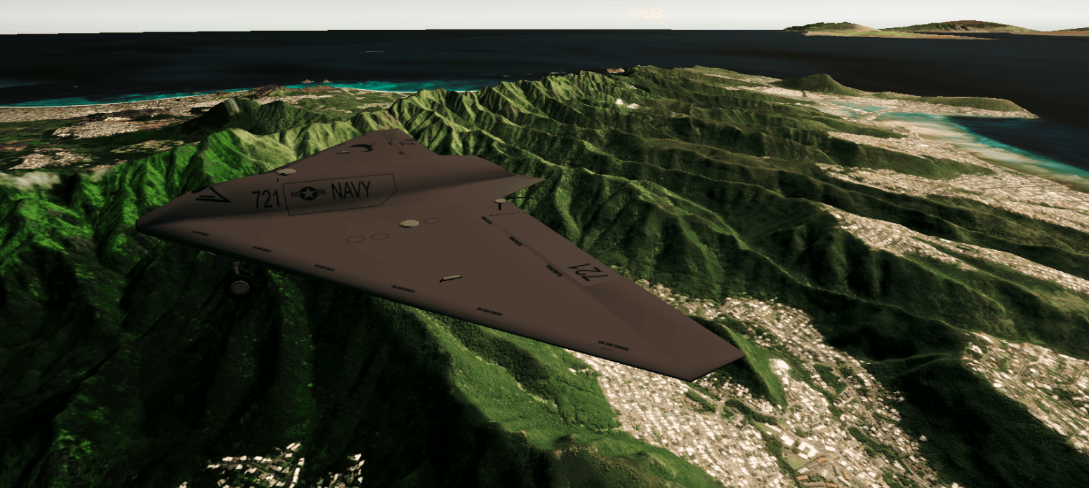 Realtime simulation view above mountainous geographic terrain