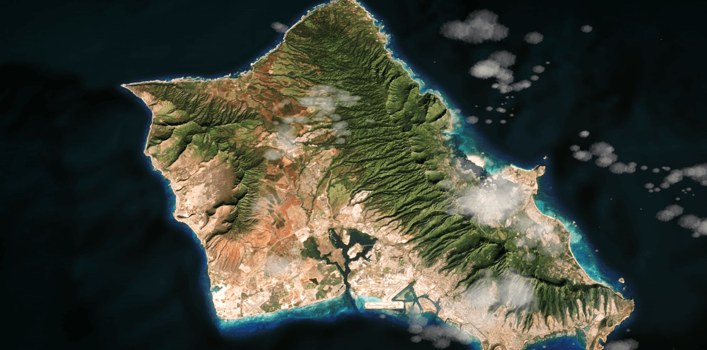 Top-down realtime view of Oahu showing terrain relief, Honolulu and coastal geography