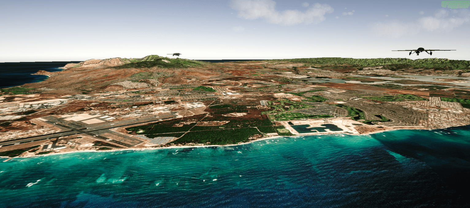 Wide realtime simulation view across a reconstructed coastline and inland terrain
