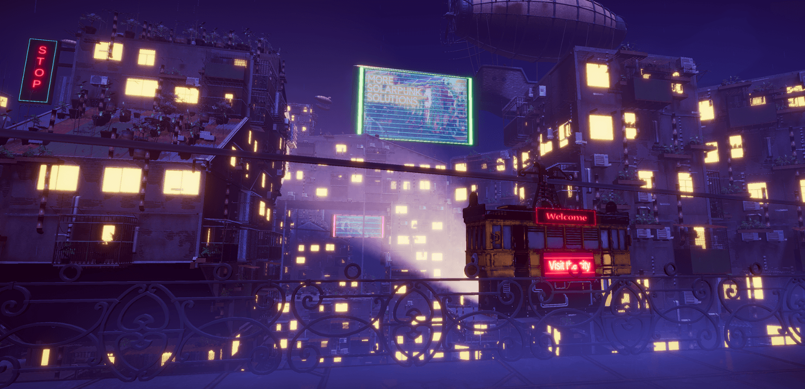Layered Night City environment with foreground railing, suspended tram and dense buildings
