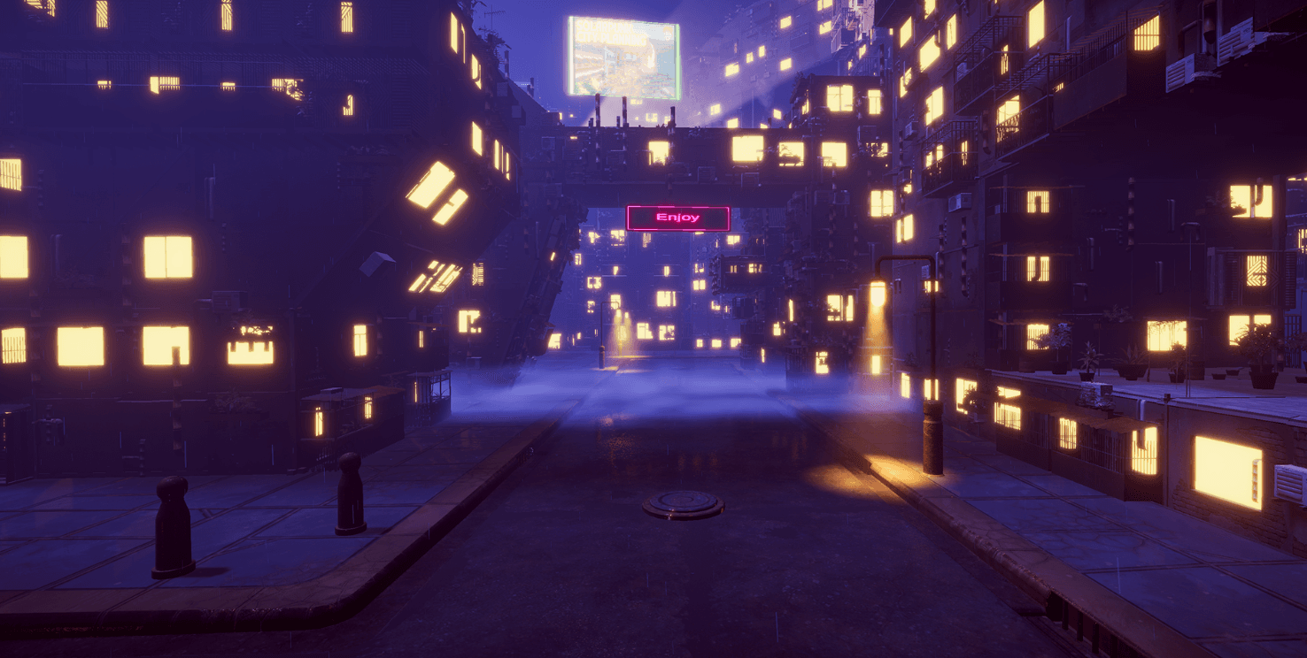 Night City street framed by dense architecture, warm windows and low atmospheric fog
