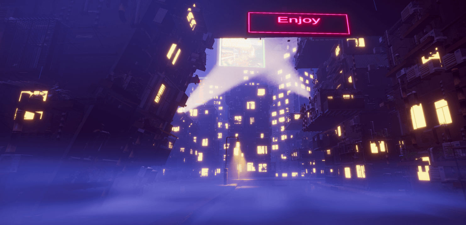 Night City street canyon with emissive windows, neon signage and dense atmospheric lighting