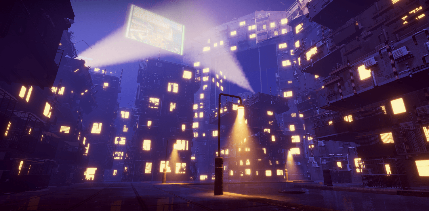 Night City square illuminated by warm street lights, cool ambient light and volumetric haze