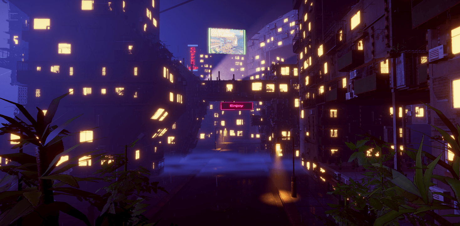 Night City view framed by vegetation with an illuminated street receding through the environment