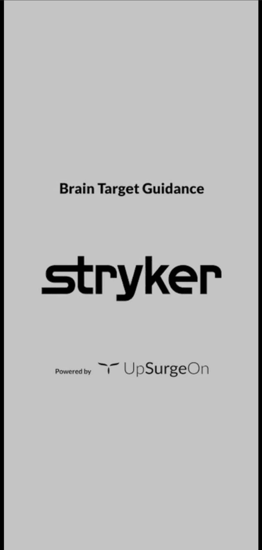 Brain Target Guidance launch screen with Stryker and UpSurgeOn identities