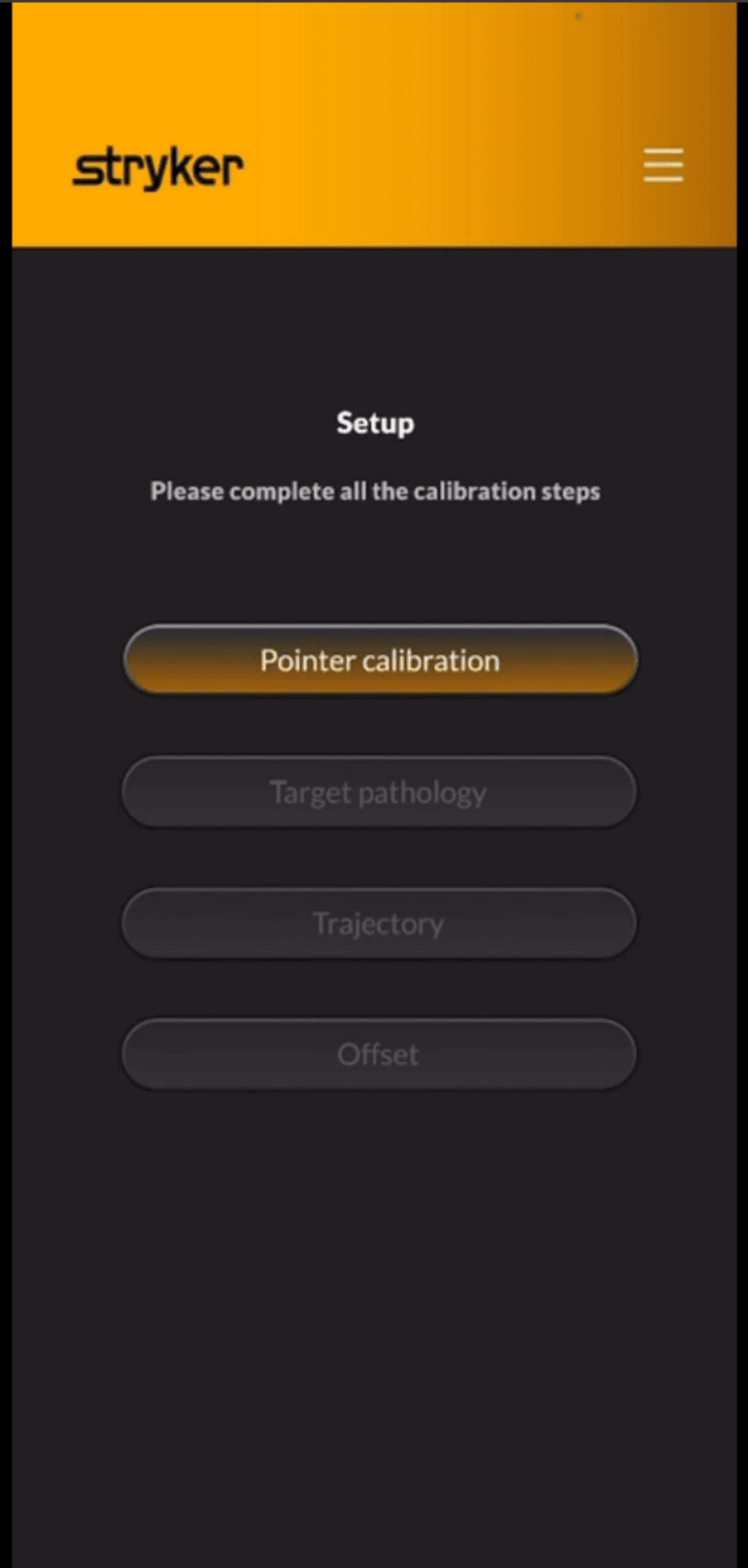 Application setup sequence for calibration, target, trajectory and offset
