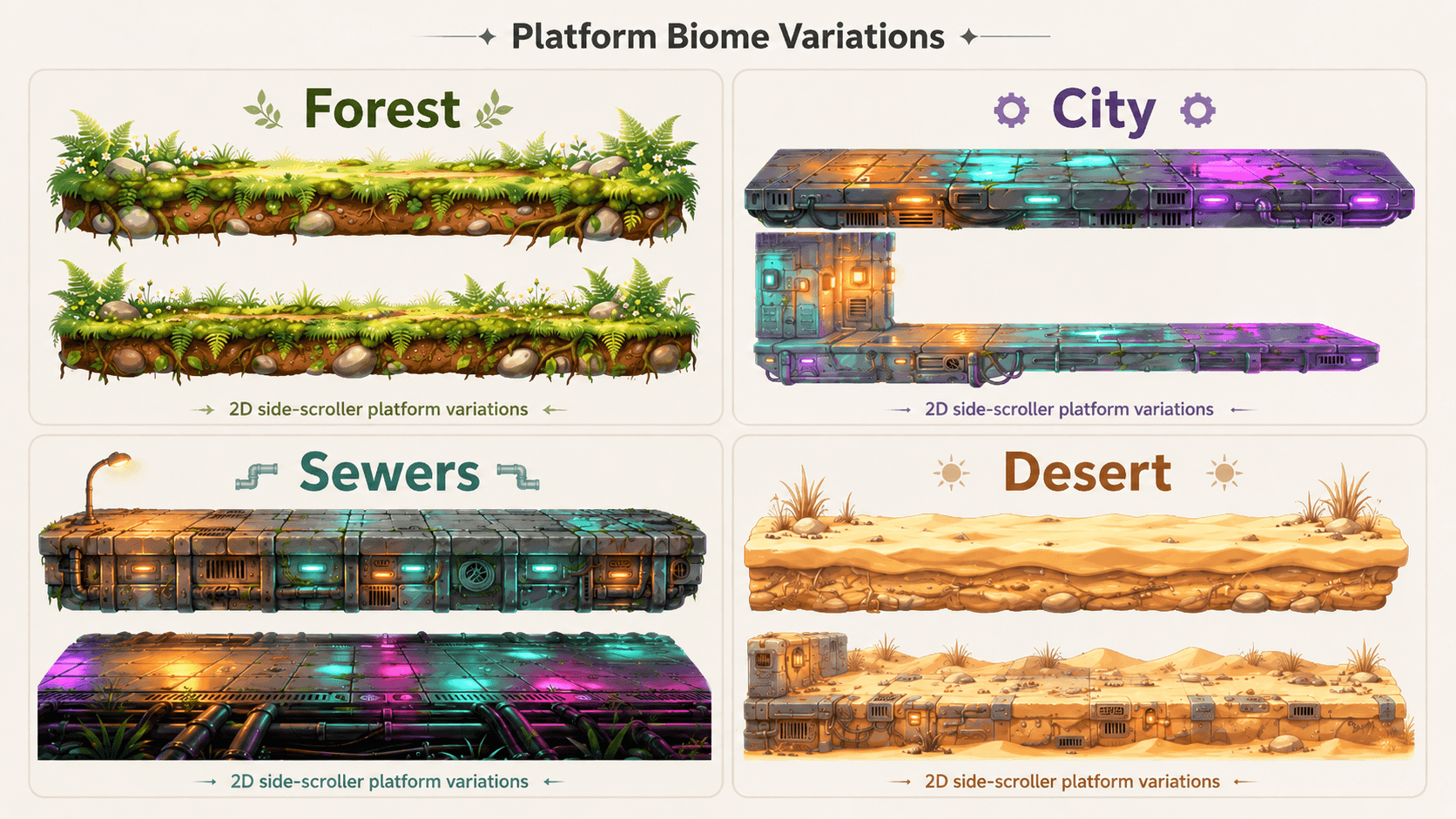 Forest, city, sewers and desert 2D game biome variations