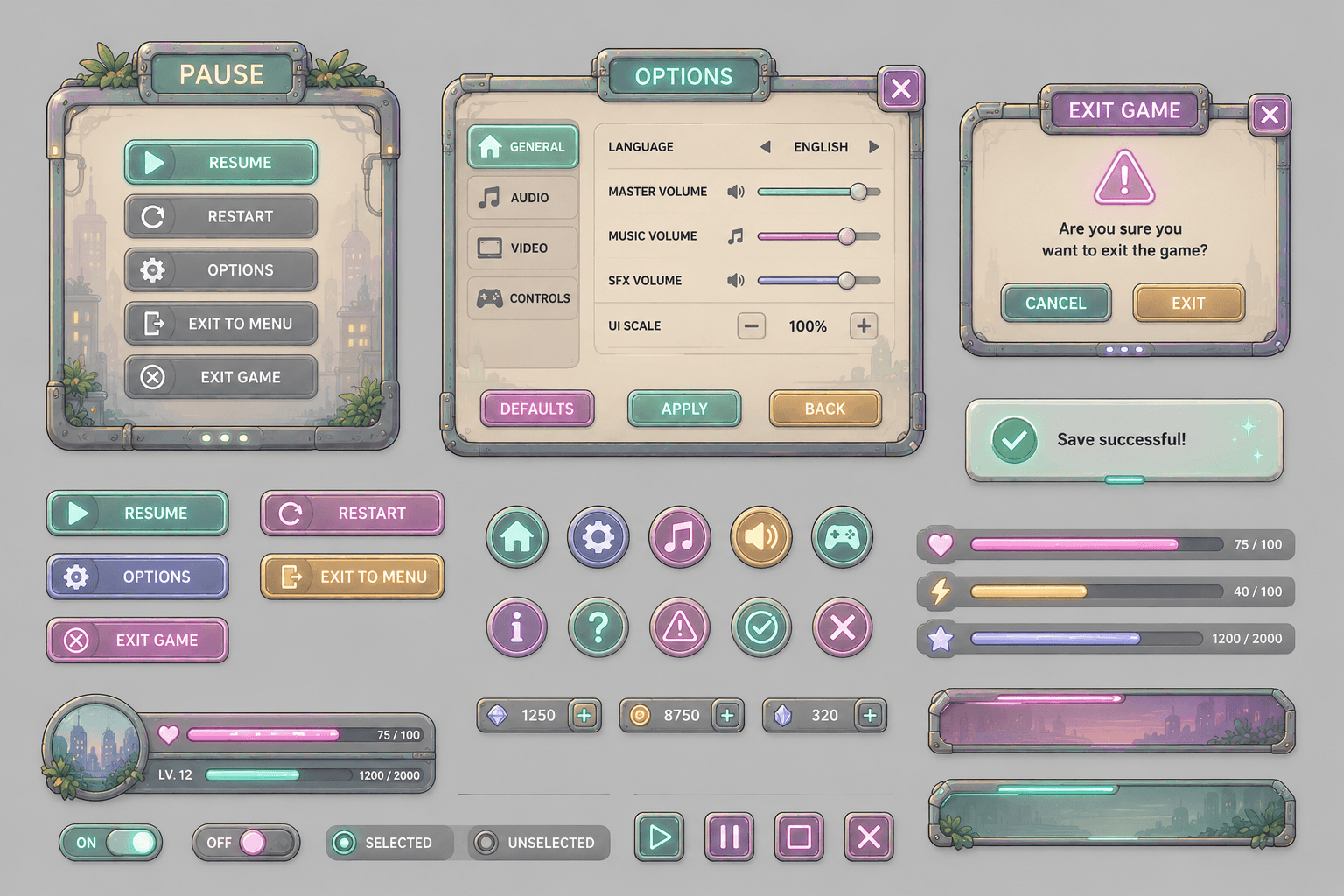 Pause menu, settings and control interface elements