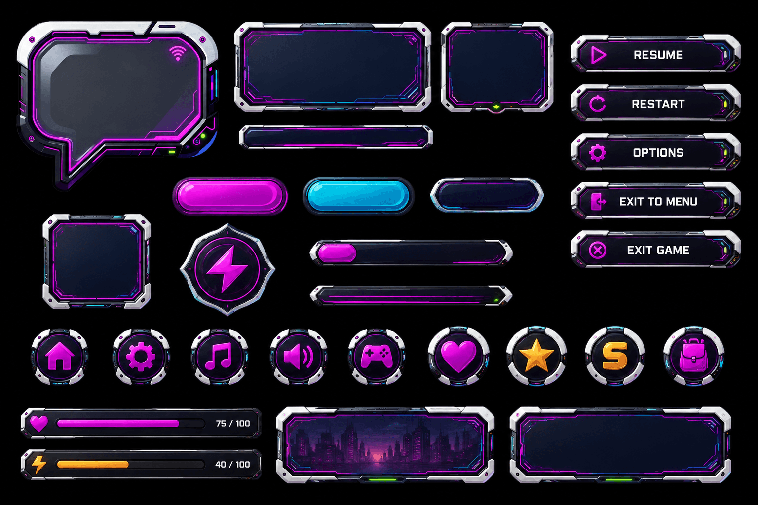 Neon game HUD, buttons and menu interface elements