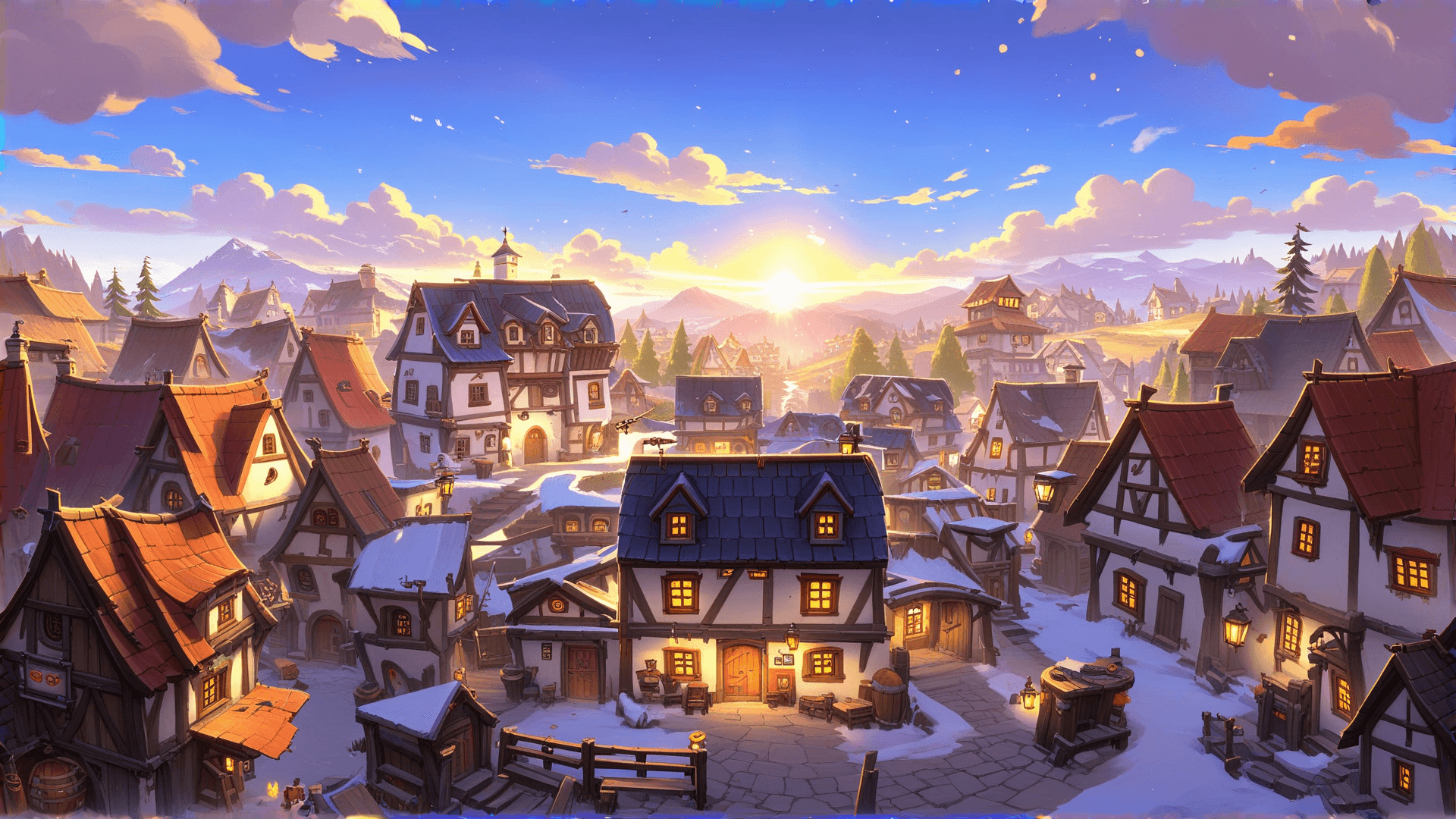 Stylized town environment generated from the scene workflow