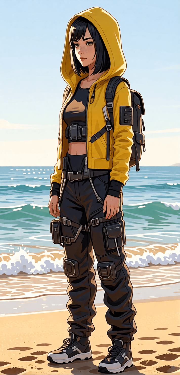 Consistent character variation 08 with a yellow hood and dark outfit