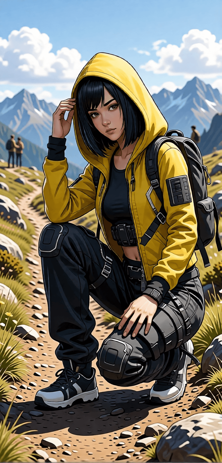 Consistent character variation 09 with a yellow hood and dark outfit