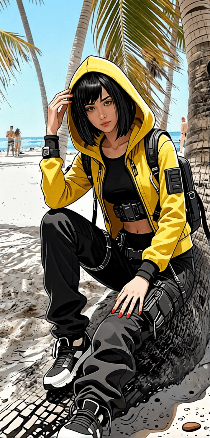 Consistent character variation 10 with a yellow hood and dark outfit