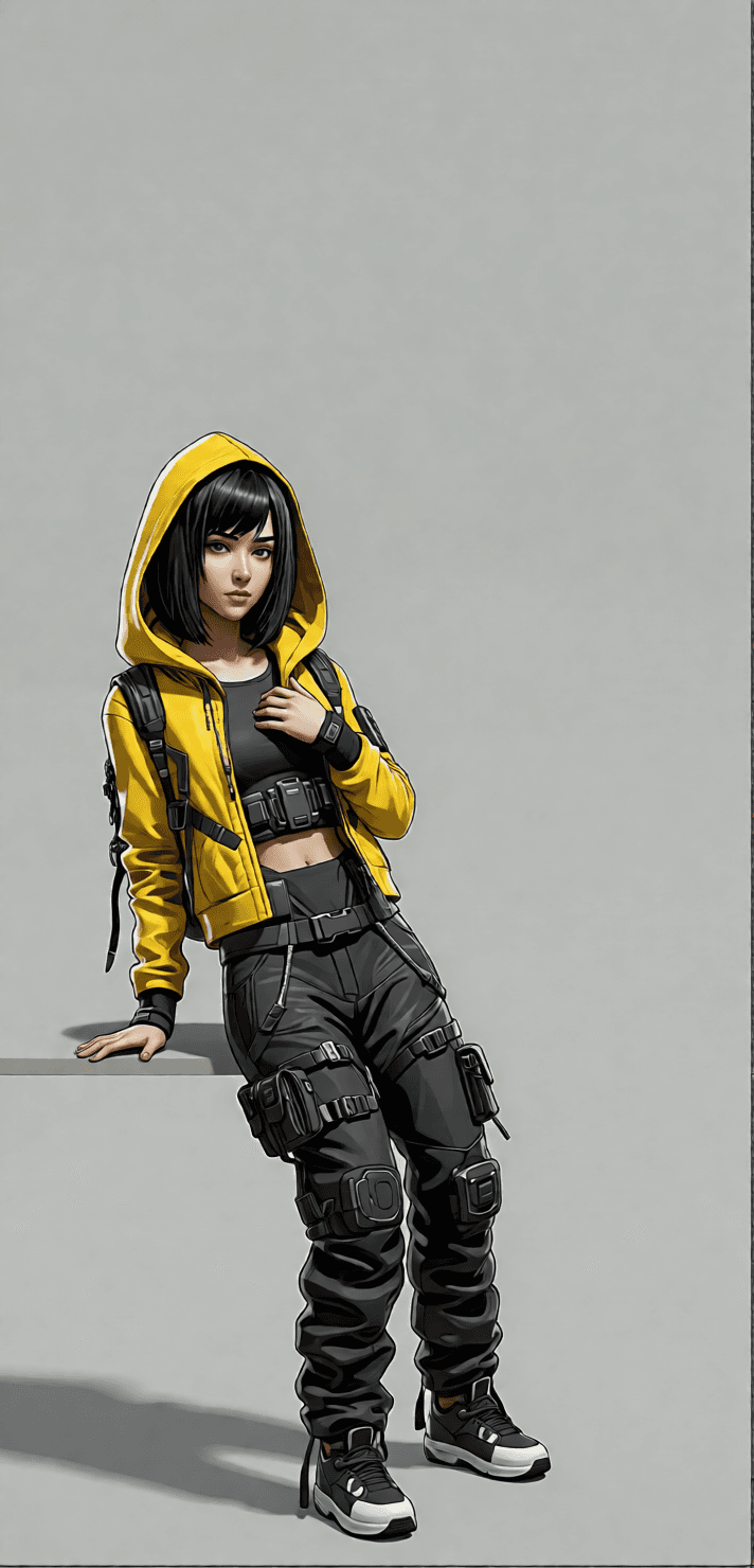 Consistent character variation 01 with a yellow hood and dark outfit