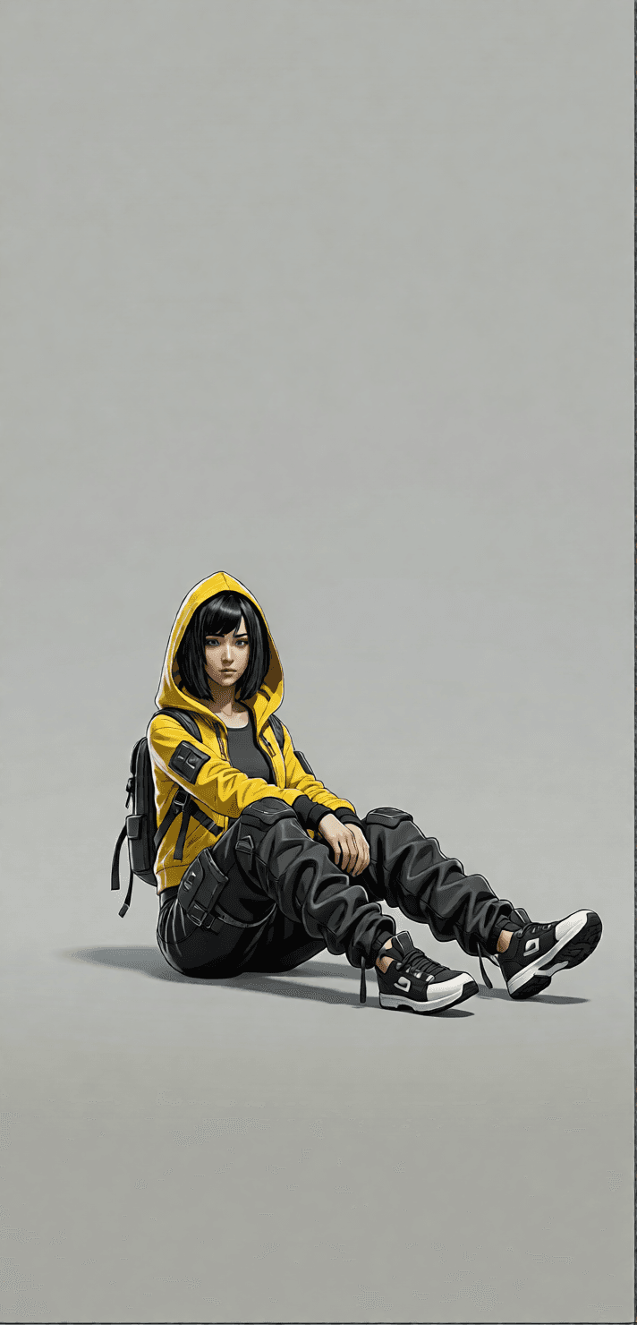 Consistent character variation 02 with a yellow hood and dark outfit