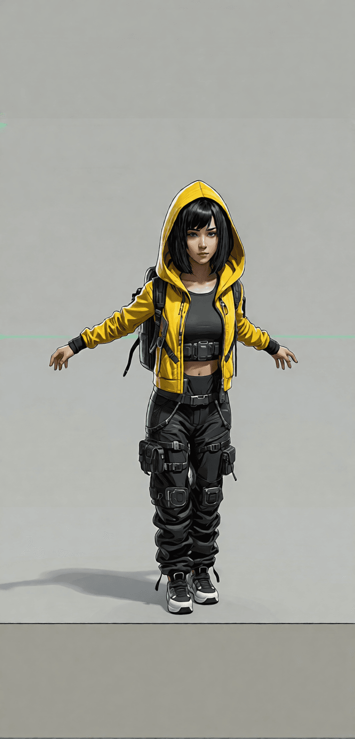 Consistent character variation 03 with a yellow hood and dark outfit