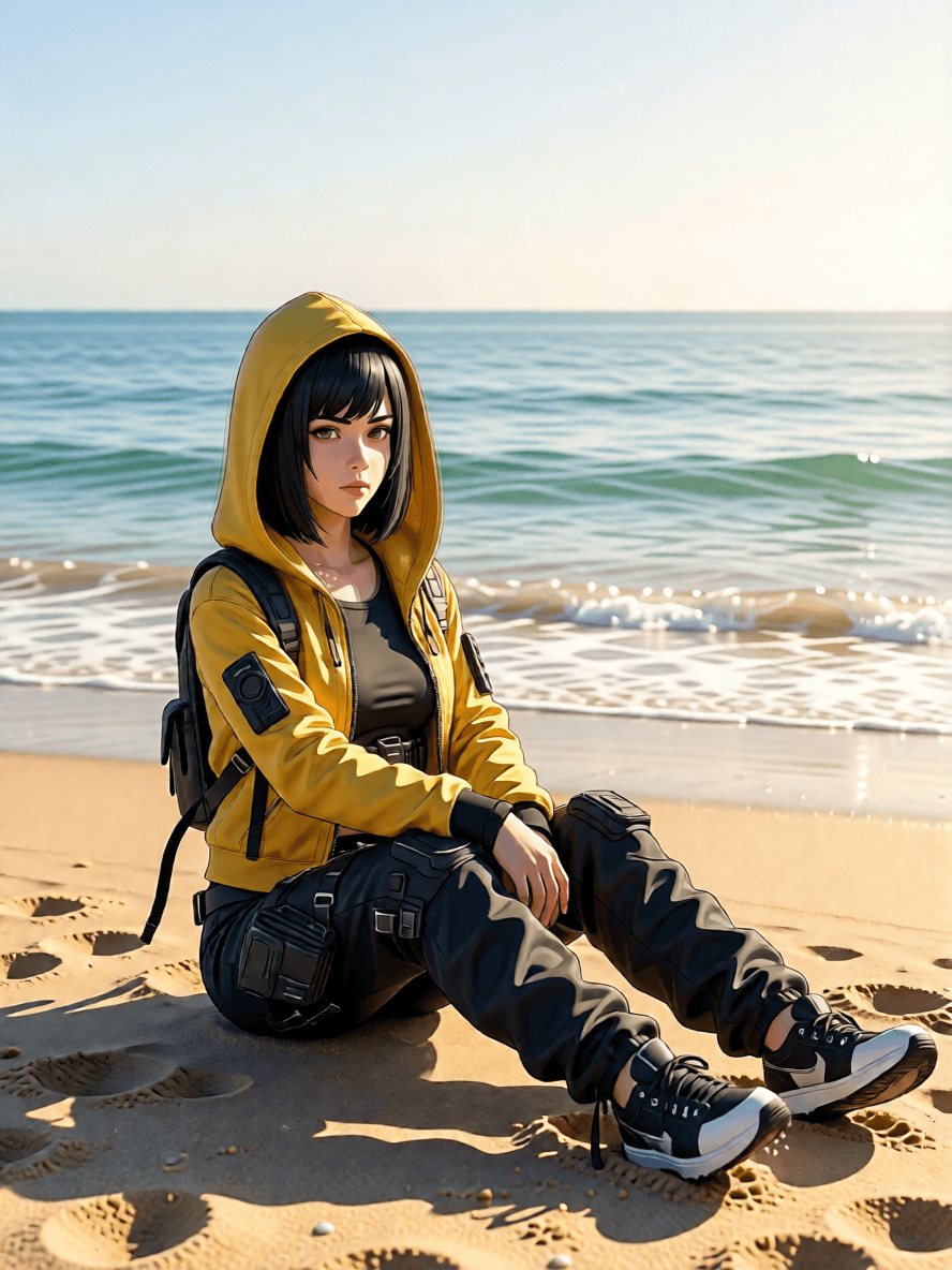 Consistent character variation 04 with a yellow hood and dark outfit