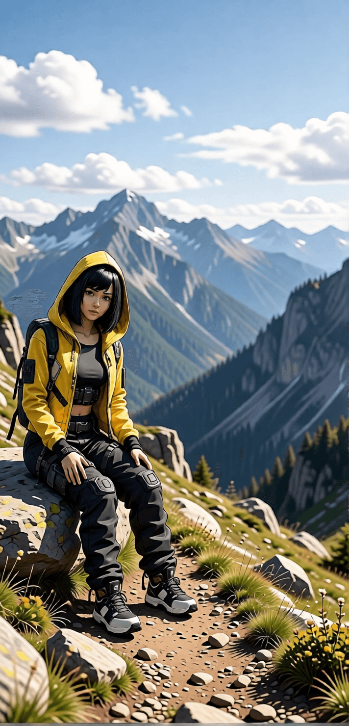 Consistent character variation 05 with a yellow hood and dark outfit