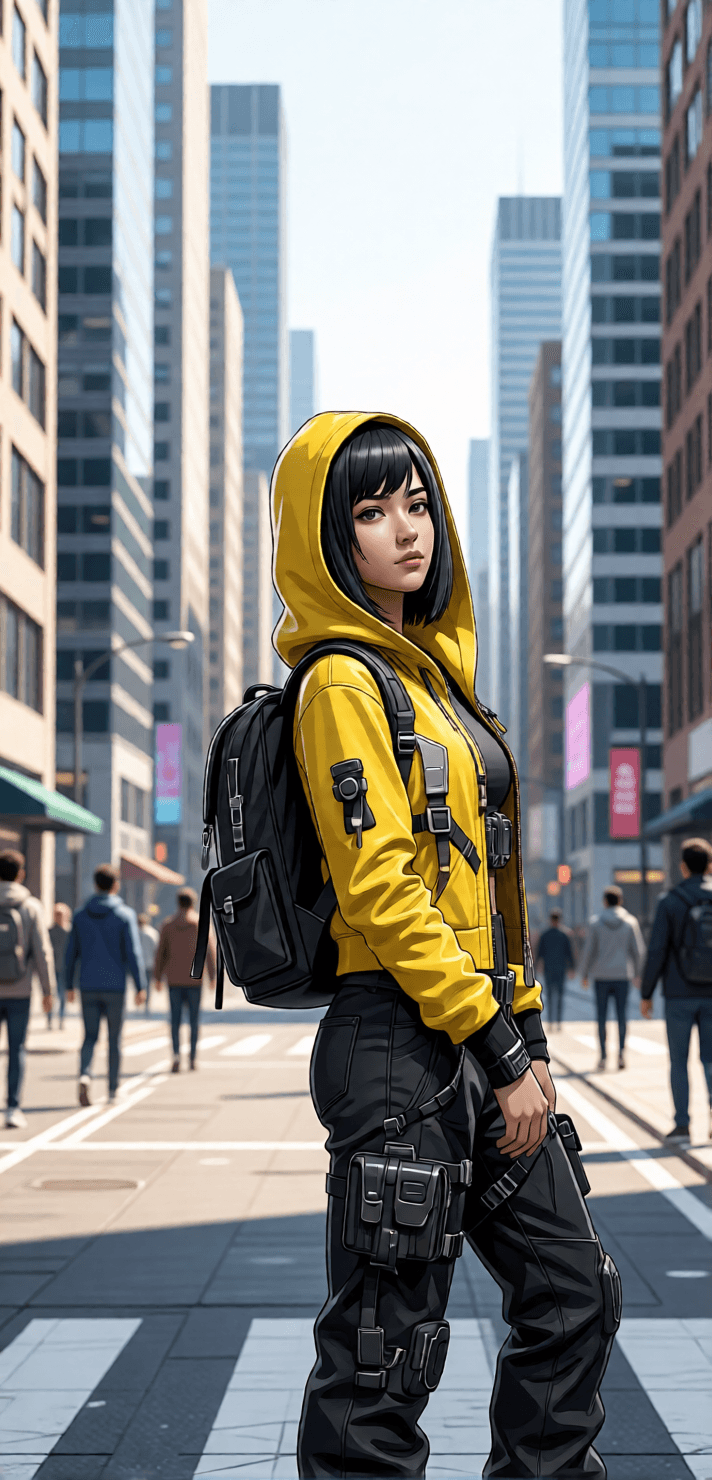 Consistent character variation 06 with a yellow hood and dark outfit