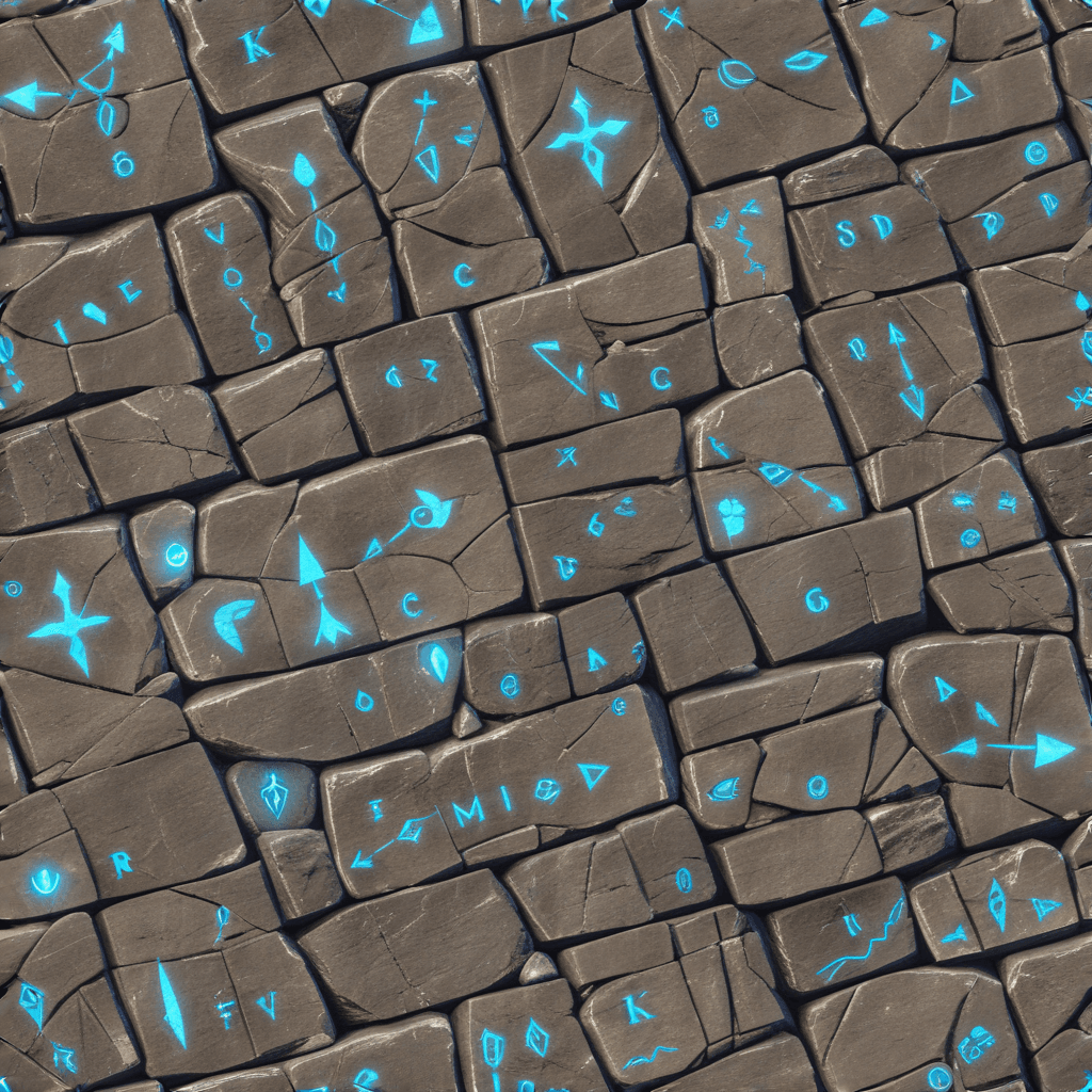 Generated stone surface with cyan engraved symbols