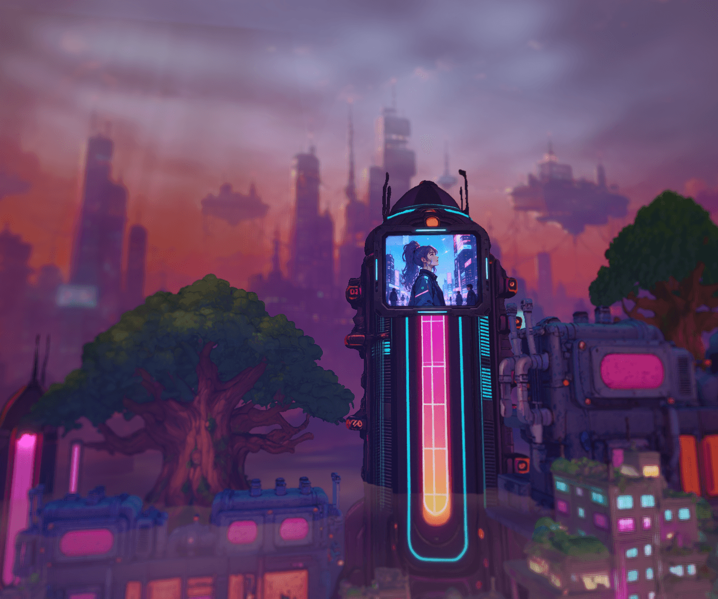 Cinematic energy-column VFX experiment in a stylized city