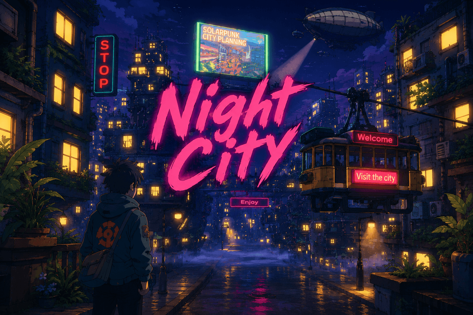 Night City solarpunk environment cover